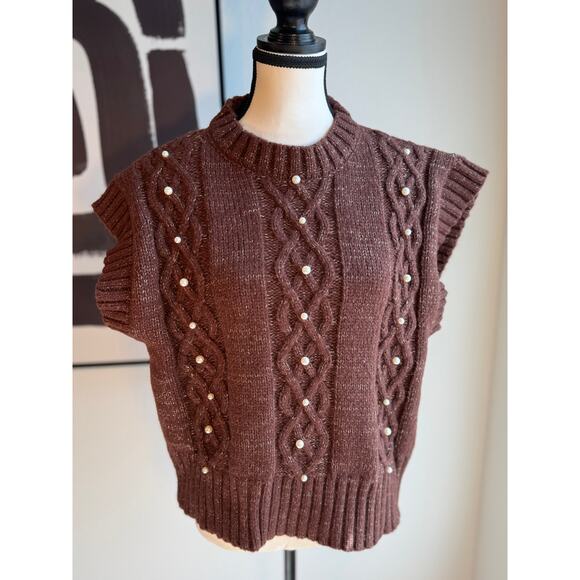 OntWelfth Metallic Knit Sleeveless Sweater Vest with Pearls – Brown Shimmer, XL - Picture 1 of 15